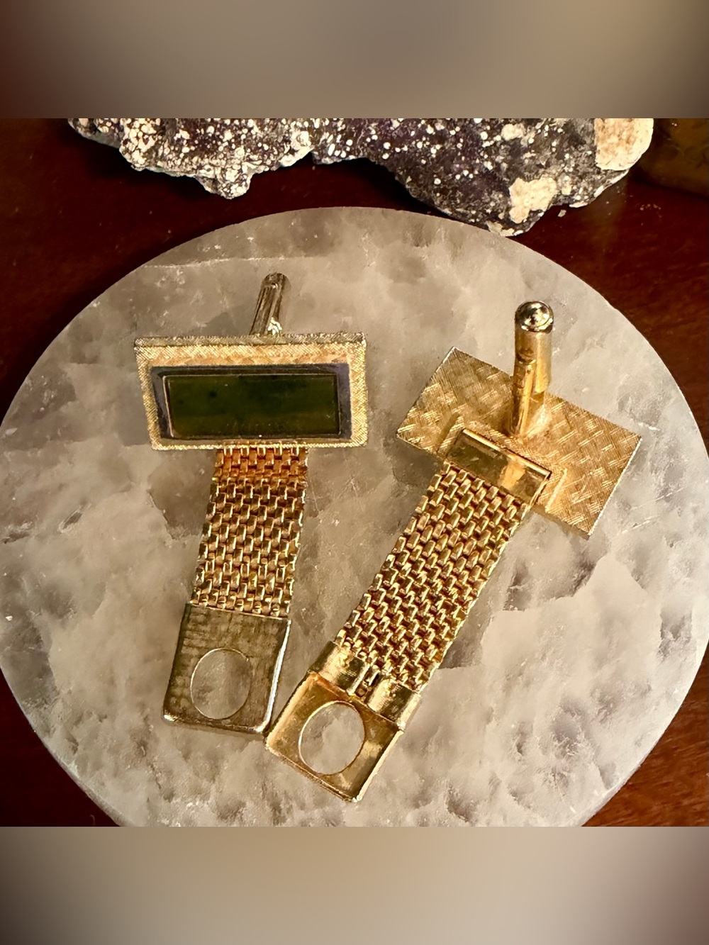 Vintage Serpentine and Gold Rectangular Cuff Links
